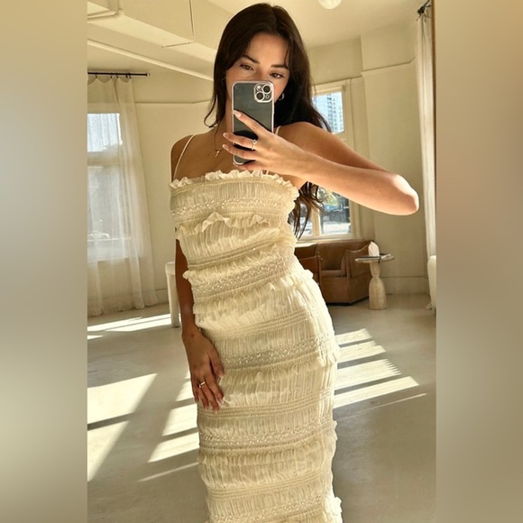 White ruched smocked midi maxi ruffle tiered dress - Picture 6 of 11